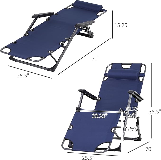 Tanning Chair 2-in-1 Beach Lounge Chair &amp Camping Chair w/Pillow &amp Pocket Adjustable Chaise for Sunbathing Outside Patio Poolside Navy