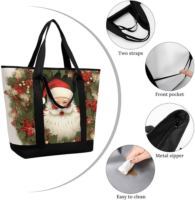 Insulated Shopping BagLarge Reusable Cooler Bags Christmas Holiday Santa Claus Wreath Printed Foldable Shopping BagTravel Waterproof Shoulder Bag