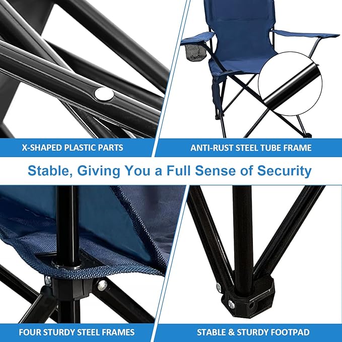 Camping Folding Chair with Cup Holder &amp Storage Pocket - 5.5lbs Lightweight 225lb Capacity Portable Camp Chairs for Outdoor Hiking Hunting Sports 2 Pack Navy Blue