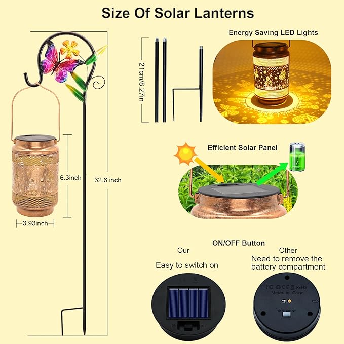 Butterfly Solar Lanterns Outdoor Waterproof with Shepherd Hook Birthday Gifts for Women Mom Grandma Metal Solar Hanging Lights Garden Decor for Outside Yard Patio Pathway Backyard Porch
