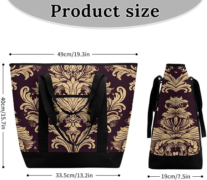 Insulated Shopping BagLarge Reusable Cooler Bags Damask Pattern Printed Foldable Shopping BagTravel Waterproof Shoulder Bag