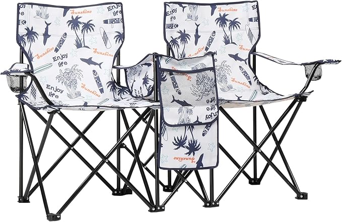 Double Folding Camping Chair W/Umbrella Fold Up Table Beverage Holder Carrying Bag Cooler for Patio Pool Park Outdoor Beach Picnic Portable (Coconut)
