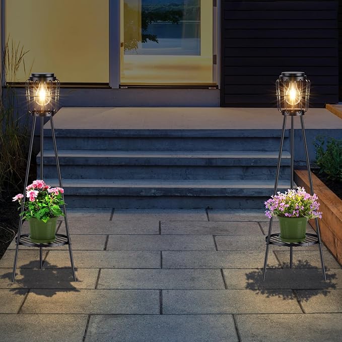 2 Pack Solar Lights with Plant Stand Outdoor Floor Lamp Waterproof Solar LED Edison Bulb Floor Lamps for Patio Porch Deck Yard Garden Decor
