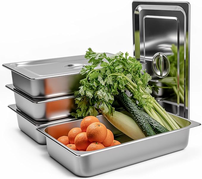 4 Pack Stainless Steel Hotel Pan 1/1 Full Size x 4 Deep Steam Table PAN 0.8 mm Thick with Lid Anti Jam PAN Stainless Steel Steamer 20.8 x 12.8 x 4 inch for Hotel Restaurant Buffet