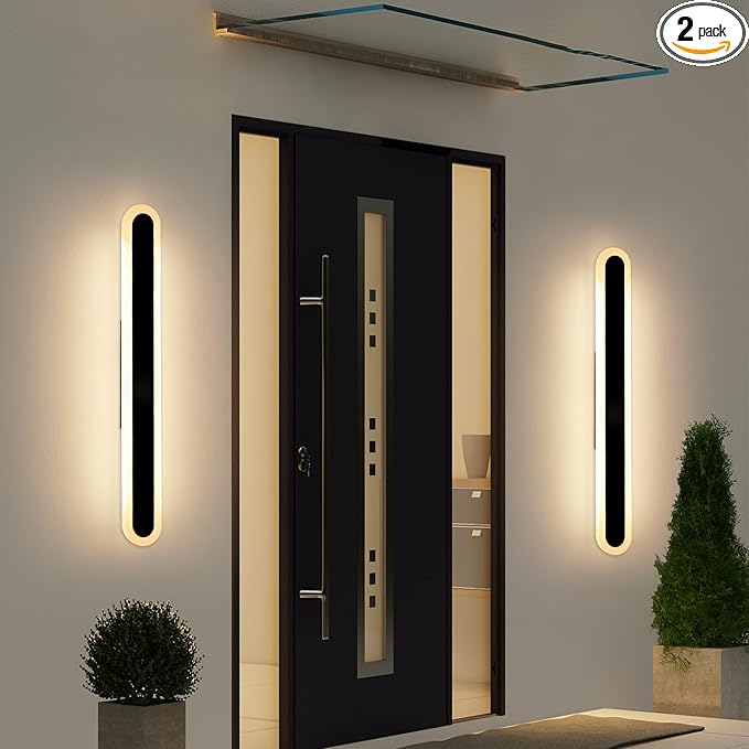 2 Pack 31.4inch Modern Exterior Wall Lights 3 CCT 3000K/4500K/6000K Long Oval Outdoor Wall Mount Sconces 31W IP65 Waterproof Minimalist Strip Led Lighting for House Porch Garage Garden