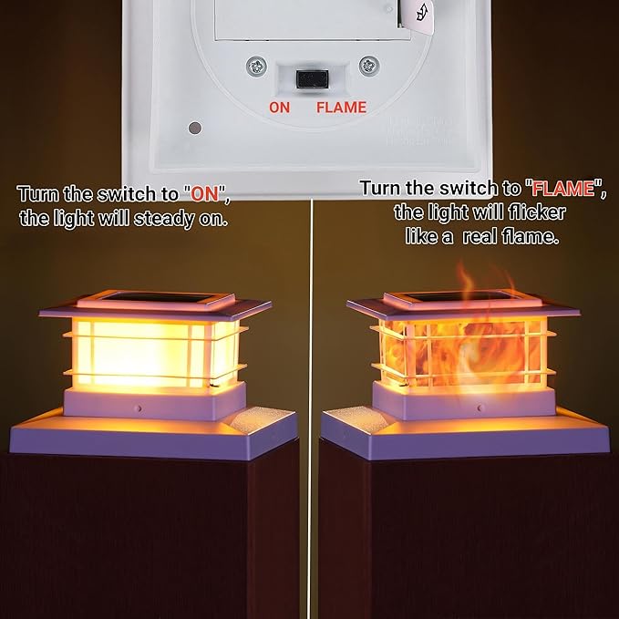 Dynaming 4 Pack Solar Post Cap Lights Outdoor with Flickering Flame Light White Shell Fence Post Solar Lights Fit 4x4 5x5 Vinyl/Wooden Posts Brightness LED Lighting Decor for Garden Deck Patio