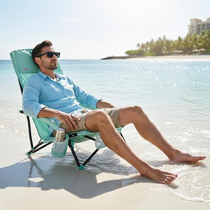 SUNNYFEEL Folding Beach Chair High Back Beach Chairs for Adults Lightweight Portable Camp Chair 300lbs Heavy Duty with Carry Bag Mesh Back Cup Holder for Outdoor Travel Picnic Concert Green