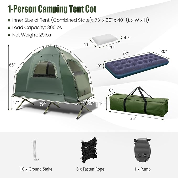 Tangkula 5-in-1 Tent Cot Combo With Awning Air Mattress Sleeping Bag Pillow Elevated Single Tent With Carrying Bag for Outdoor Camping Hiking Picnic Travel