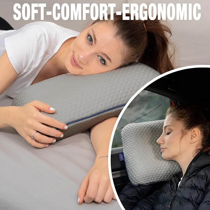 alkamto Travel &amp Camping Comfortable Memory Foam Pillow – Easy to Carry Portable Bag – Temperature Regulating Pillow Case (Grey)