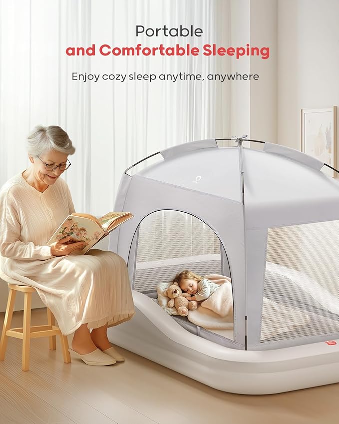 QPAU Inflatable Toddler Travel Bed with Tent Portable Kids Air Mattress with Safety Sides Ideal for Home Grandma's Camping Traveling -Includes Fast Electric Pump