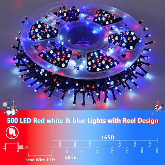 QITONG 500 LED Red White and Blue String Lights 165ft 4th of July Decorations Lights Plug in Outdoor Indoor 8 Modes Patriotic Light Green Wire for Independence Memorial Day Décor