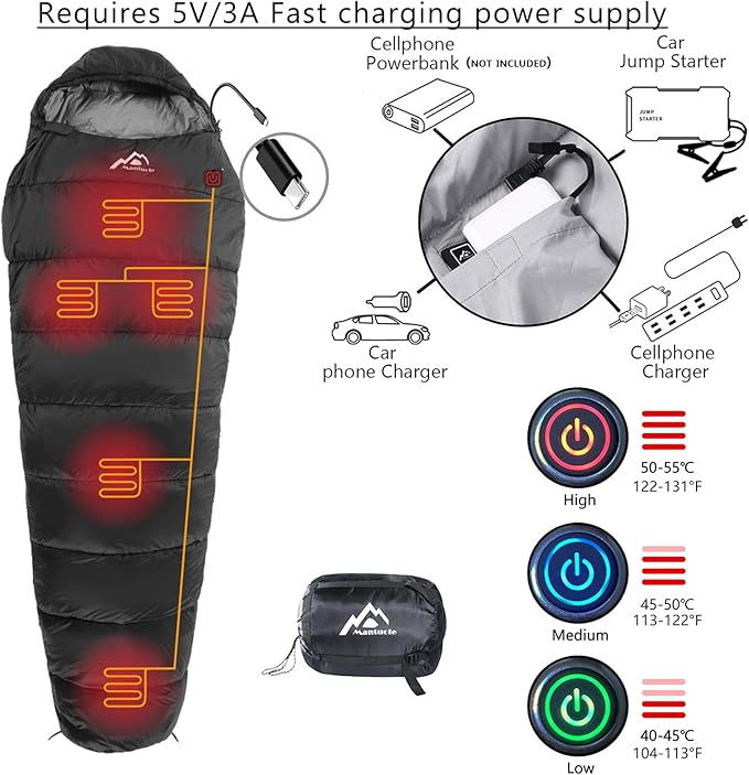 Heated Sleeping Bag 5pcs Multi USB Power Support Heating PadsOperated with Battery Power Bank or Other USB Power Supplies Portable Compact Bag Mummy Style.