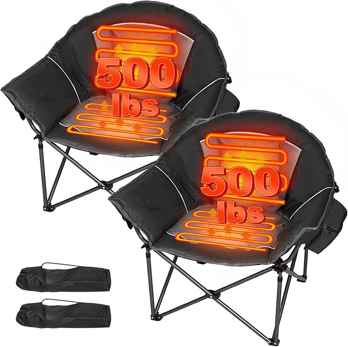 Romswi 2-Pack Heated Oversized Camping Chairs for Adults Heavy Duty 500lbs Folding Chair with 3-Level Heating (Power Bank Not Included) Portable Padded Lawn Chairs with Cup Holder Black&ampGray
