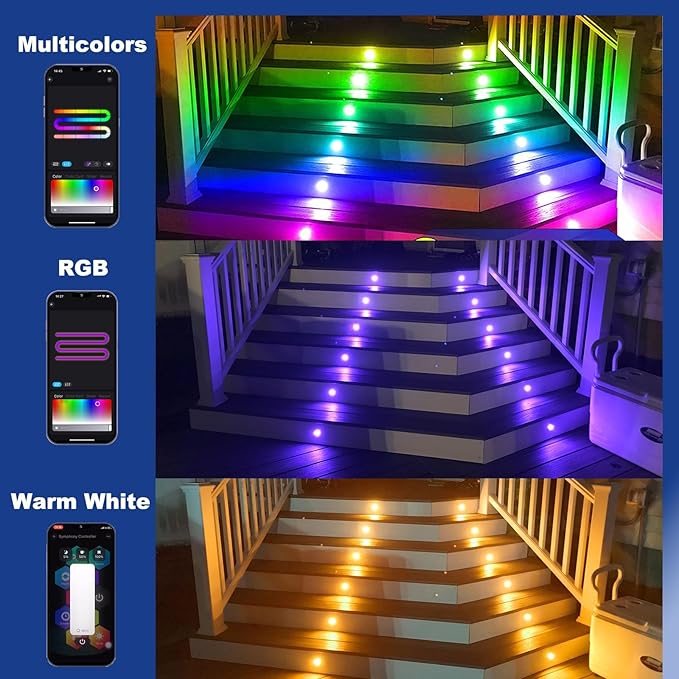 Sumaote LED Deck Lights Kit Multicolor 20Pack 1.22 Smart RGBW+IC Recessed Low Voltage Deck Light IP67 Waterproof 12V Step Lights Outdoor for Garden Yard Path Landscape Decor