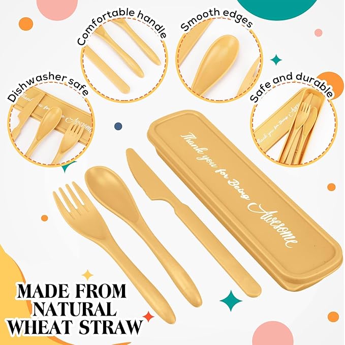 24 Pcs Employee Appreciation Week Gift Bulk Staff Reusable Travel Utensils Set with Case Wheat Straw Cutlery Portable Spoon Knife Fork Tableware Lunch Box Accessories for Picnic(Light Color)