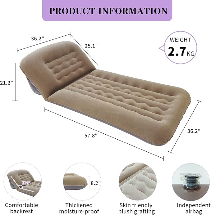 Inflatable Camping Air Mattress with Adjustable Backrest Flocking Portable Recliner Air Sofa Bed Blow-Up Sleeping Pad Sofa for Outdoor Hiking Beach Tent Travel – Fast Inflation with Pump