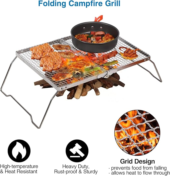 REDCAMP 17 Large Folding Campfire Grill with Mesh 304 Stainless Steel Grate Heavy Duty Portable Camping Grill with Carrying Bag for Outdoor Cooking BBQ