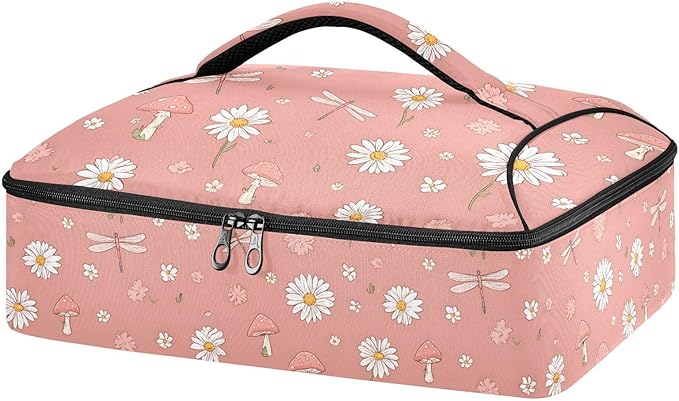 Casserole Carrier Daisies Mushrooms DragonfliesInsulated Casserole Carrier for Hot or Cold Food Thermal Lunch Tote for Potluck Parties Picnic Beach Fits 9 x 13 Inches Baking Dish