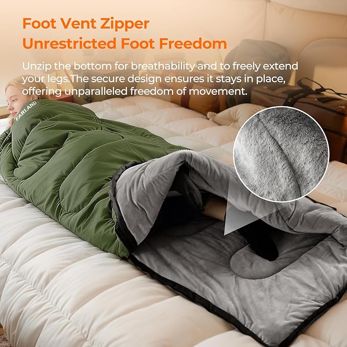 FARLAND Sleeping Bag for Adults Cold Weather &amp Warm Plush Fleece-Lined Interior - Portable Waterproof Windproof with Compression Sack for Camping Hiking Traveling Indoor &amp Outdoor