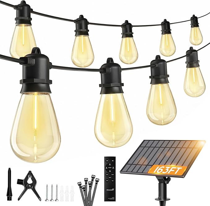 Minetom 163FT Solar String Lights Outdoor Waterproof 52 LED S14 Shatterproof Bulb Patio Lights with Remote Type-C Port Timable 3 Light Modes Dimmable Solar String Lights for Outside Yard Camping