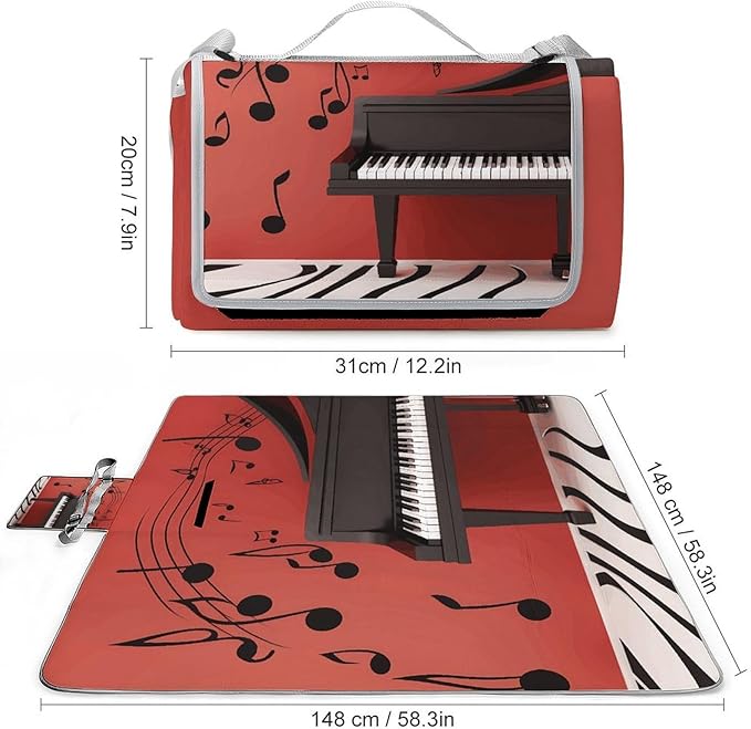 Music Note Piano Beach BlanketPortable Waterproof Picnic Blanket58.3''x 58.3'' Extra Large Picnic Mat for BeachCamping Grass Lawn Park Accessorie for Festival BBQ