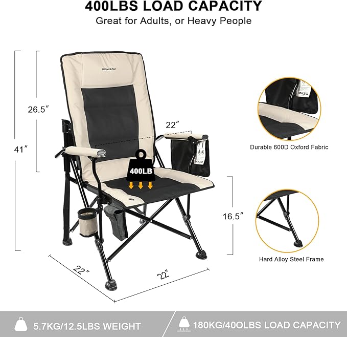 REALEAD Heated Camping Chair - Fully Padded - Heated Chairs Outdoor Sports - Supports 400 lbs - Portable Heated Outdoor Camp Chair for Sport Events - Battery NOT Included