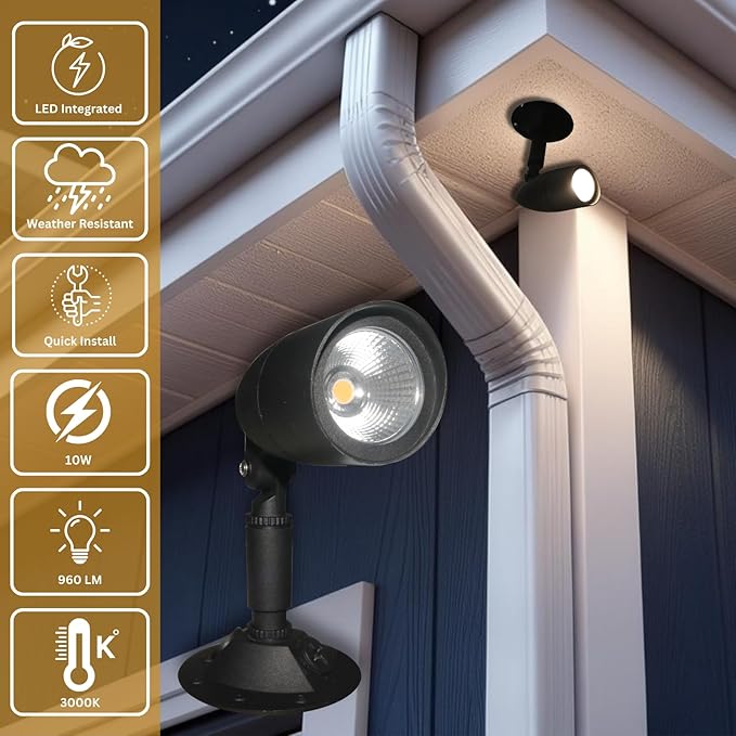 LED Outdoor Single Bullet Flood Light 10W Hardwired Spotlight Waterproof Security Light for Yard Patio &amp Landscape 3000K Warm White 960 Lumens Adjustable Black Metal Exterior