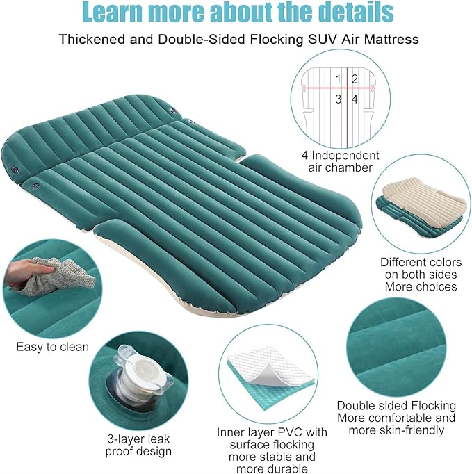 Camping Inflatable Mattress Waterproof Portable Inflatable Bed SUV Car Inflatable Mattress PVC Flocking Double Layer Design with Pump for Fast Inflation