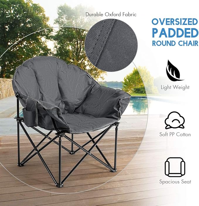 S AFSTAR 2 Packs Oversized Camping Chair Cushion Padded Moon Round Saucer Chair w/Cup Holder &amp Carry Bag Portable Camp Chair Outdoor Folding Chair for Patio Beach Picnic (Grey)