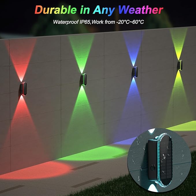 Ellasay Solar Fence Lights Backyark: 6-Pack Fence Lights Solar Powered 8 WRGB Color Modes - Up &amp Down Waterproof Solar Wall Lights for Outdoor/Yard/Poolside/Porch/Patio/Railing