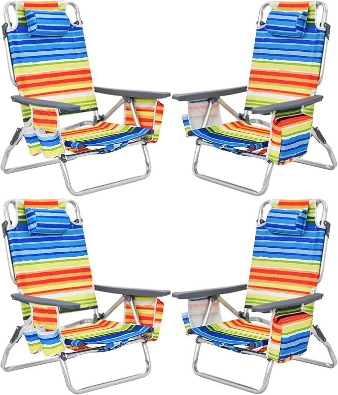 Tangkula Set of 4 Backpack Beach Chair 5-Position Lay Flat Beach Chairs with Cooler Bag 2 Cup Holders Towel Bar Lightweight Low Folding Beach Chair with Backpack Straps Yellow