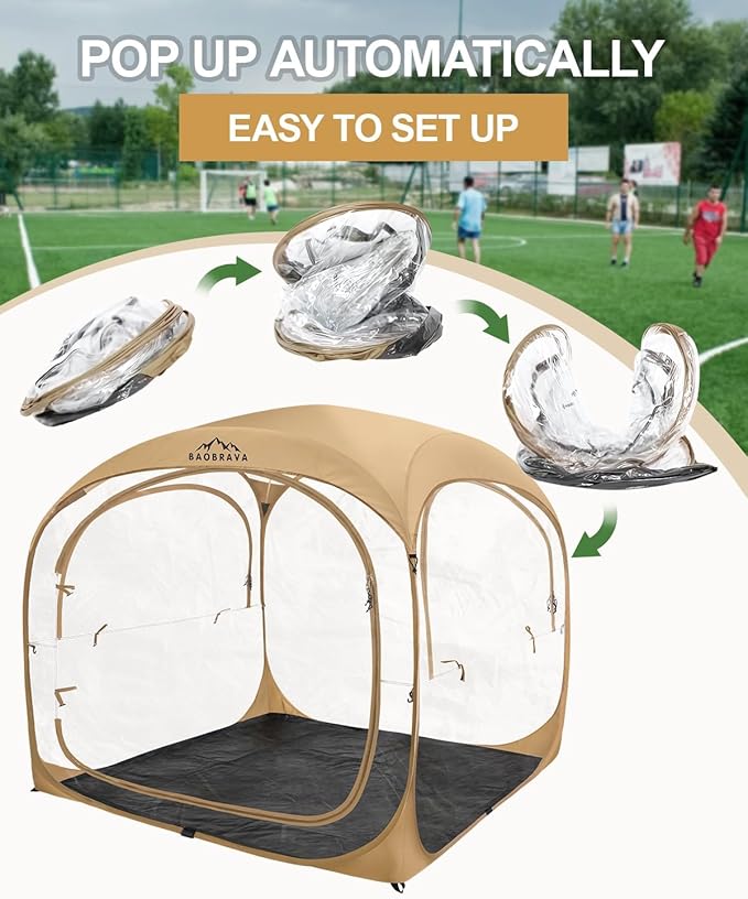 Pop Up Sports Tent - Thick PVC Scratch-Resistant Bubble Clear Tent Instant Weather Proof Pod with Extra Top Cover for Soccer Football Games Outdoor Events 5-6 Person