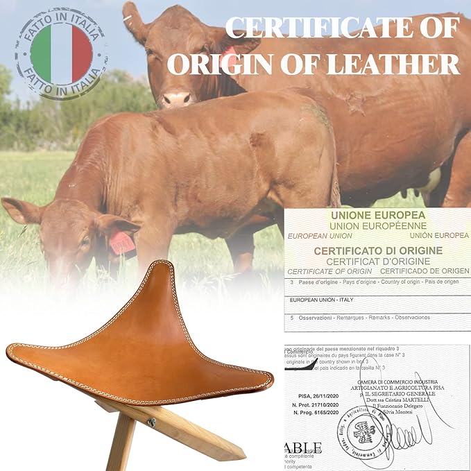 Leather Stool Portable Beech Wood Artist Folding Stool Italian Top Vegetable Tanned Leather Seat Home Fashion Genuine Leather Director’s Stool for Home Outdoor Camping Fishing (Three Leg)