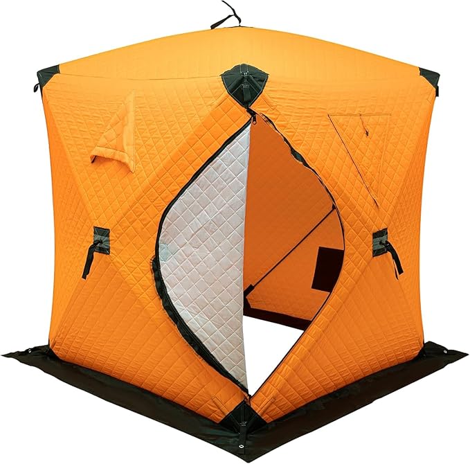 Portable Ice Fishing Tent 3 Person Shelter with Windproof Fabric Strips Protect Against Water/Cold Wind 35 Square Feet Insulated Area for Winter Fishing - Orange