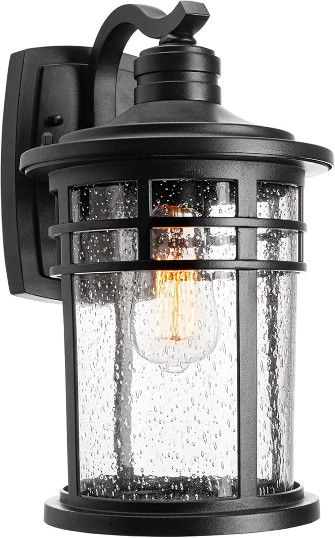 Darkaway Large Outdoor Porch Lights Wall Mount 15inch Outdoor Light Fixtures Sconces Wall Lighting with Seeded Glass Exterior Lights for Patio Yard House Hallway Doorway Garage(Large Black)