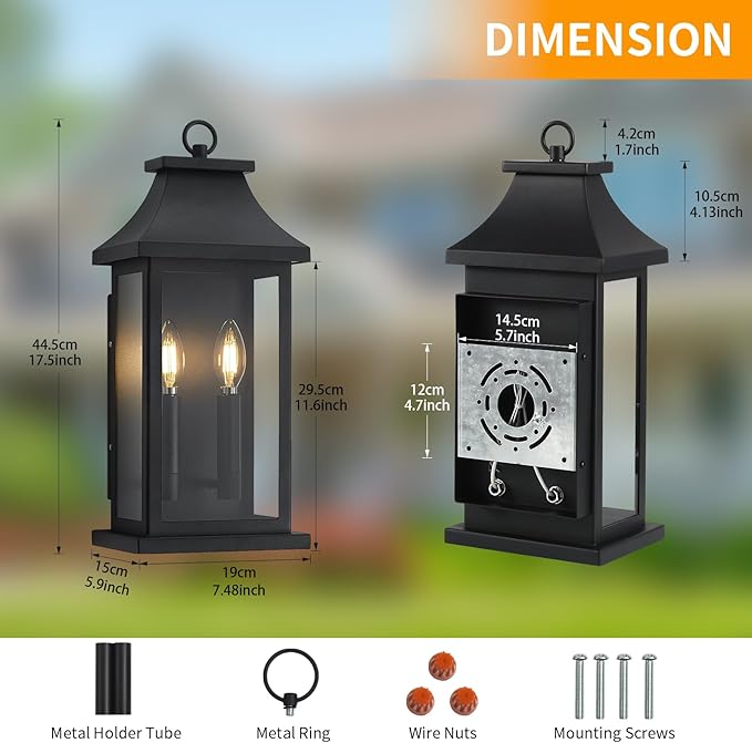 tewei 18'' Dusk to Dawn Outdoor Light Fixture Porch Light Outdoor Wall Sconce Lights 2-Light Black Exterior Lighting Fixture Wall Mount Outside Light for House Garage 1-Pack