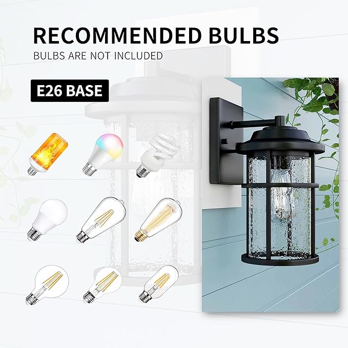 Outdoor Lights for House Exterior Light Fixture Waterproof Outdoor Wall Sconce Lights Anti-Rust Black Wall Mount Lighting with Seeded Glass Shade E26 Socket Lantern for Outside Front Porch Patio