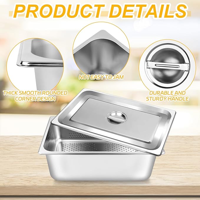 3 Pack Full Size 6 Inch 8 Inch Hotel Pan with Lid Perforated Steam Table Pan Chafing Pans Steam Table Tray Stainless Steel Restaurant Supplies for Buffets Catering Commercial Kitchen