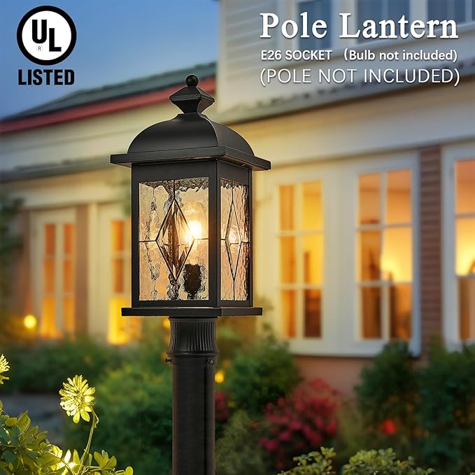 Outdoor Post Lights Exterior Pillar Lantern with Water Ripple Handmade Glass Black Finish 21 Inch Height Large Size Outdoor Post Lighting Fixtures for Walkway Porches Doorway or Garden