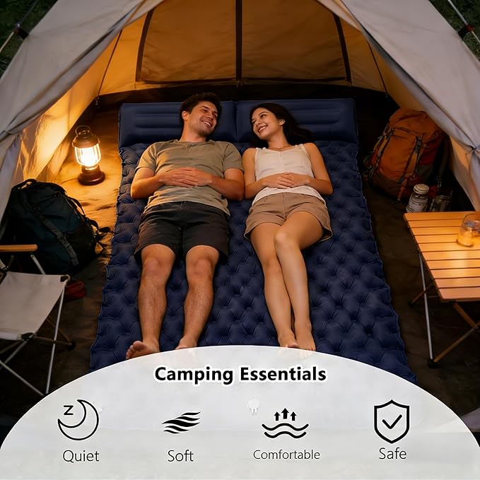 SNZ Camping Sleeping Pad Ultralight Camping Mat with Pillow Built-in Foot Pump Inflatable Sleeping Pads Compact for Backpacking Tent Travel Outdoor Activities (Double)