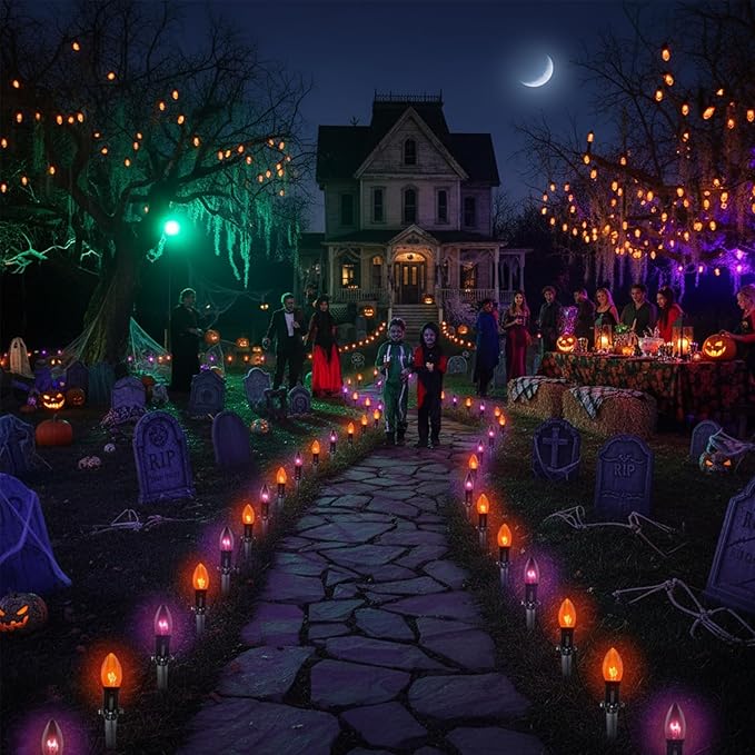 Halloween Pathway Lights Outdoor10 Pack Halloween Party Decor Stake Lights with C9 Clear Black&ampOrange Bulbs19.5Ft Extendable Waterproof Walkway Lights for Yard Porch Lawn Garden