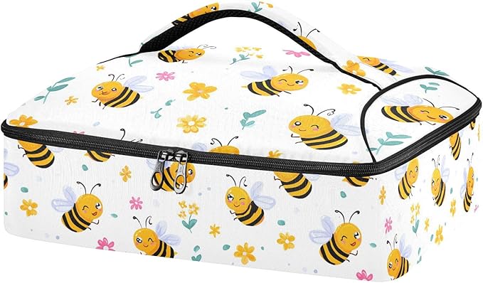 Casserole Carrier Cute Pattern Bees and FlowersInsulated Casserole Carrier for Hot or Cold Food Thermal Lunch Tote for Potluck Parties Picnic Beach Fits 9 x 13 Inches Baking Dish