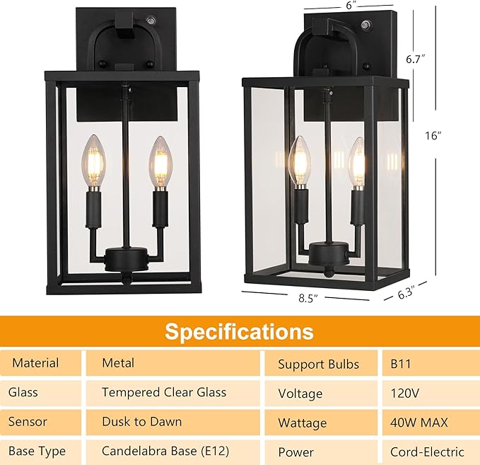 PARTPHONER Large Outdoor Light Fixutre 2-Light Dusk to Dawn Outdoor Lighting Farmhouse Front Porch Light Exterior Wall Lantern Sconce with Clear Glass for Entryway Doorway House Garage