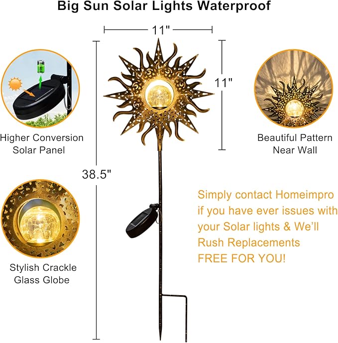 HOMEIMPRO Large Sun Solar Garden Decor Lights Outdoor Garden Gifts Mom Dad Crackle Glass Metal Stake Backyard Decor Waterproof LED Lights for Lawn Patio Ornaments Mothers Day Gifts for Women