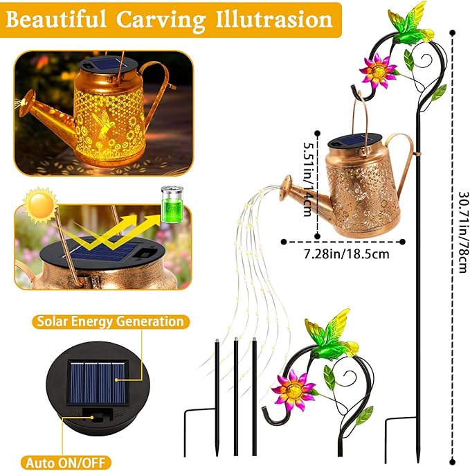 Hummingbird Solar Lights Outdoor Waterproof Birthday Gifts for Christmas Mom Grandma Women Solar Watering Can Lights with Shepherd Hook Metal Hanging Lantern Garden Decor Yard Outside Patio Lawn