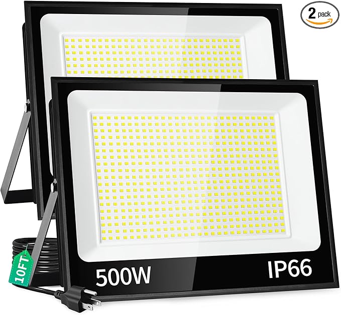 500W LED Flood Light Outdoor with Plug+10ft Cable 60000LM Ultra Brighter 5000K Exterior Security Light IP66 Waterproof Commercial Lighting for Sports Fields Counts Arena Stadium(2 Pack)