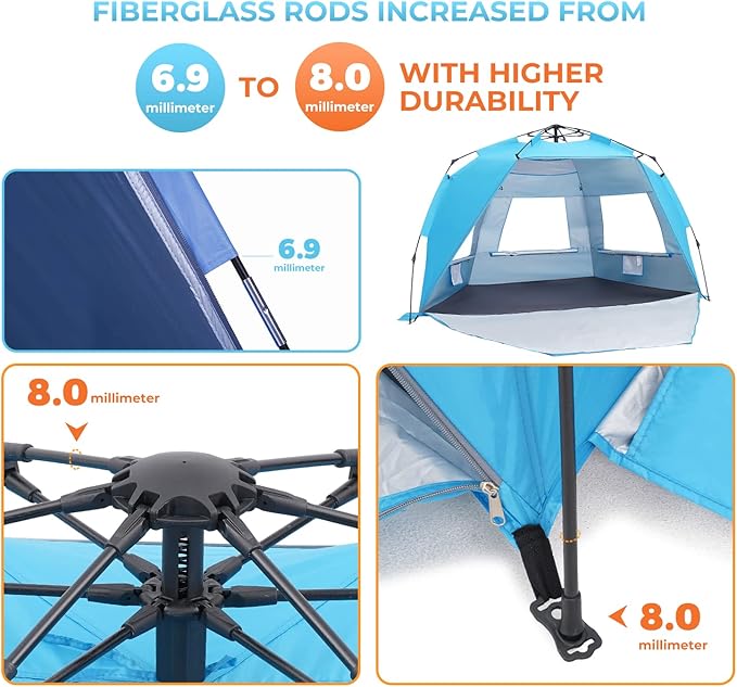 Pop Up Beach Tent Portable Beach Folding Sun Shade Shelter UPF 50+ Protection Easy Setup and Carry Double Silver Coating with 3 Ventilation Window Large Size Perfect for Family 4 People