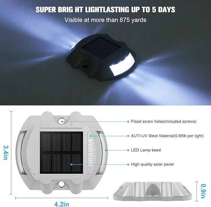 VOLISUN Solar Deck Lights Driveway Dock Lights 12-Pack Led IP68 Waterproof Outdoor Warning Step Lights for Driveway Sidewalk Garden Pathway Yard(White Auto On/Off