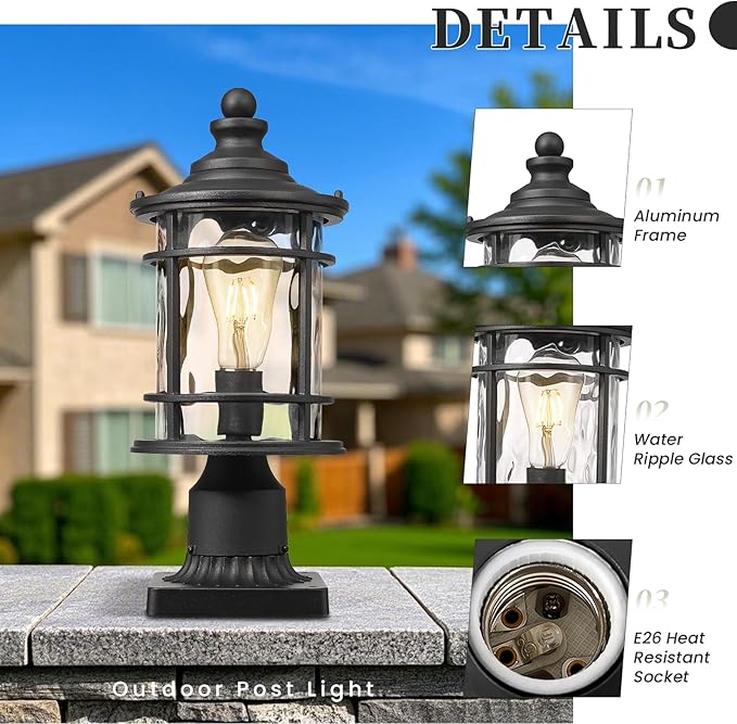 Outdoor Post Light Pole Lantern 14.9 Inch Height Lamp Post Light Fixture Aluminum Material Water Ripple Glass Black Outdoor Pillar Lights Hard Wired E26 Socket