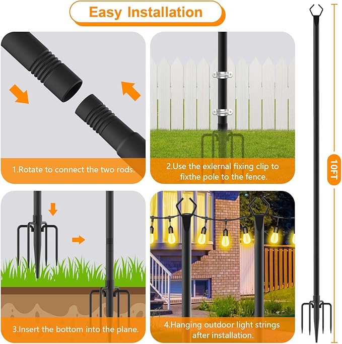 LETIANPAI 4 Pack String Light Poles10 Ft Metal Poles with Fork for Outdoor String LightsOutdoor Light Poles with ForkPoles/Post/Stand for OutsidePatioDeckBackyardGarden WeddingParty